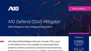 Screenshot of data sheet document, titled A10 Defend Mitigator: DDoS Mitigation with Intelligent Automation
