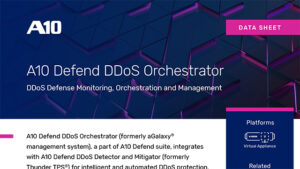 Screenshot of data sheet titled, A10 Defend Orchestrator, DDoS Defend Monitoring, Orchestration and Management