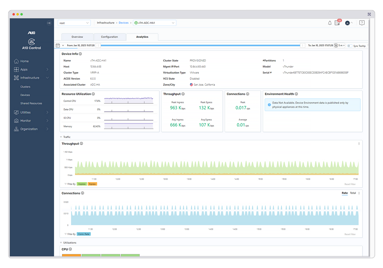 Screenshot of A10 Control product user interface